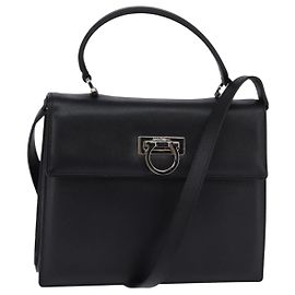 Salvatore Ferragamo Gancini Hand Bag Leather 2way Black Silver Auth BA5942