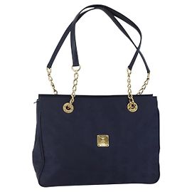 Bolsa Tote em Lona MCM Vicetos Logogram Navy Gold Auth BA5744