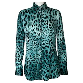 Dolce & Gabbana Blaue Seidenbluse mit Leopardenmuster
