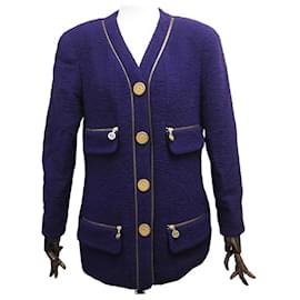 GIACCA VINTAGE CHANEL IN TWEED VIOLA CON BOTTONI LOGO CC CATENA 40 M