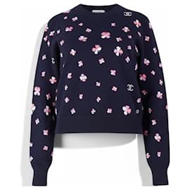 Chanel Pullover mit Blumenmuster aus Kaschmir Dunkelblau