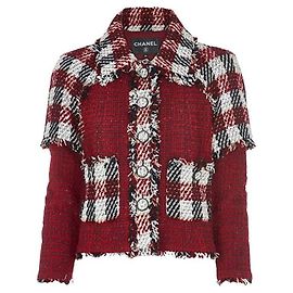 Chanel 16A Runway burgunderfarbene Karomuster Tweed-Fransenjacke FR 40