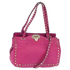 Bolso de Mano de Cuero Valentino Studs 2 en 1 Rosa Dorado Auth BA6473