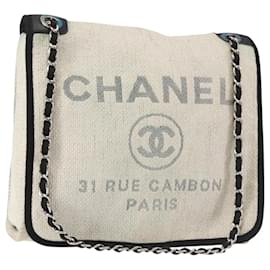 CHANEL Borsa a Spalla a Catena Deauville in Paglia Bianca Argento CC Auth hk3000
