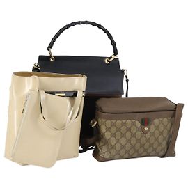 Gucci Bolsa de Ombro GG Supreme em PVC Couro 3 Conjuntos Bege Preto Auth BA5854