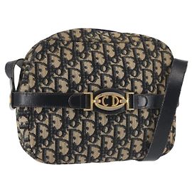 Christian Dior Trotter Canvas Shoulder Bag Navy Gold Auth 144091