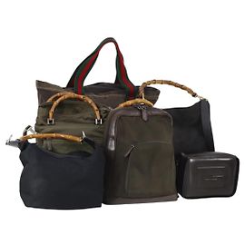 Borsa GUCCI Bamboo Web Sherry Line in pelle e tela 6 Set Beige Nero Auth bs29373