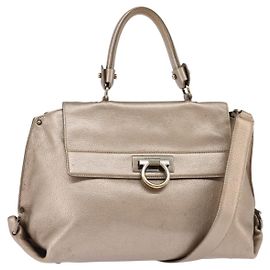 Salvatore Ferragamo Gancini Hand Bag Leather 2way Beige Gold Auth BA5964