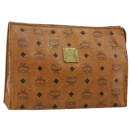 Borsa Clutch MCM Logogram Vicetos in Pelle PVC Marrone Oro Auth am9104