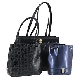 Borsa Gancini in pelle vinilica Salvatore Ferragamo 3 pezzi Nero Blu Auth BA5853