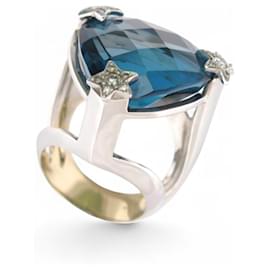 Autre Marque ANELLO COCKTAIL T54 ORO BIANCO 18K TOPAZIO TRILIONE BLU LONDRA DIAMANTI 0,25CT