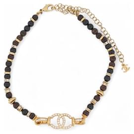 NUOVO COLLIER CHOKER CHANEL LOGO CC CON STRASS E PERLE NERE IN LEGNO - Chanel