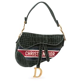 Borsa a sella in velluto verde Dior con ricamo effetto coccodrillo