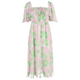 Ganni Floral-Print Rüschen-Midikleid aus mehrfarbigem Polyester