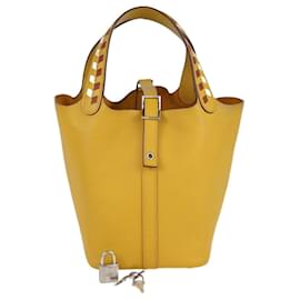 Borsa Picotin Lock Tressage 18 in pelle Epsom Giallo Ambra/Terracotta/Bianco - Hermès
