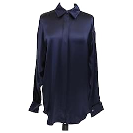 Loewe Dunkelblaue glänzende Seidenbluse mit langen Ärmeln