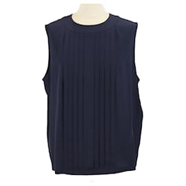 Blusa senza maniche plissettata in seta blu navy Chanel