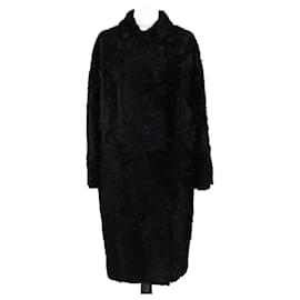 Cappotto lungo a maniche lunghe in pelle di agnello nero con colletto in pelliccia Etro