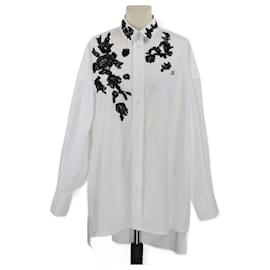 Camisa de popelina de algodón y encaje aplicado de manga larga oversize blanca/negra de Dolce & Gabbana