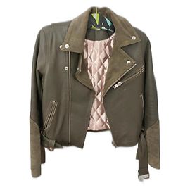 Jaqueta biker de couro Ganni cinza escuro verde escuro