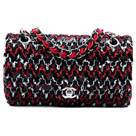 Chanel Nero Medio Classico Tweed Doppio Flap con Paillettes
