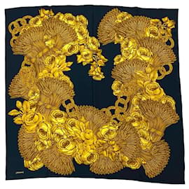 Chanel Black and Gold Floral Print Silk Scarf
