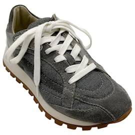 Sneakers in lino / suede grigio Brunello Cucinelli con Monili