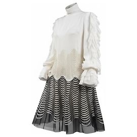 Roberto Cavalli Seidenkleid Creme Schwarz mit Stickerei
