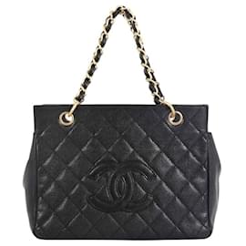 Kleine zeitlose Einkaufstasche aus schwarzem, gestepptem Kaviarleder von Chanel PPT GHW