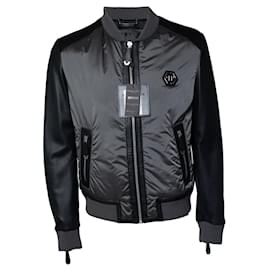 Philipp Plein, Graue Nylon- und Leder-Bomberjacke