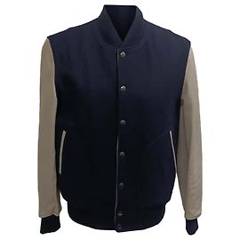 Autre Marque Giacca Bomber Mr. P. Melton in Lana e Pelle Blu Navy