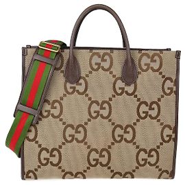 Borsa Tote Jumbo GG in tela e pelle beige/ebano Gucci