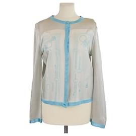 Hermes Blau/Beige Seiden-Cardigan mit Planche d'Etude Druck, Knopfverschluss und langen Ärmeln - Hermès