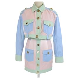 Conjunto de chaqueta corta y falda de mezclilla de algodón con acentos en bloques de color de Balmain