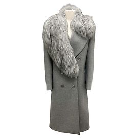 Cappotto doppiopetto in lana melange grigia Banker Melton e pelliccia sintetica della collezione Michael Kors