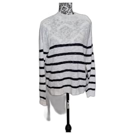Weißer gestreifter marinefarbener Hartford Pullover mit hohem Kragen und Knöpfen Größe 2 / 38 / M