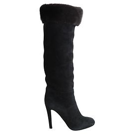 Sergio Rossi Schwarze Wildlederstiefel mit Fellfutter