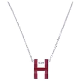 NEUF COLLIER PENDENTIF HERMES POP H LAQUE ROUGE PALLADIE + CHAINE EN ARGENT - Hermès