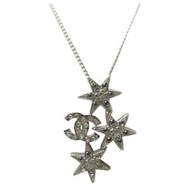 NUOVO COLLANA CHANEL STELLE & LOGO CC 60 CM METALLO ARGENTO + SCATOLA