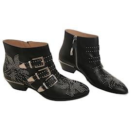 Chloé Susanna Botas de Tobillo Negro Plata Cuero