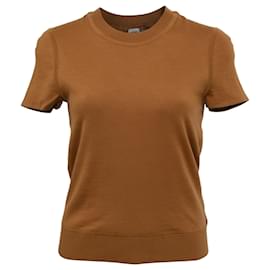 Maglione a maniche corte in lana vergine marrone con dettaglio H in diagonale Hermès