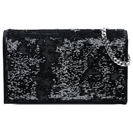 Portafoglio Kate Monogram in paillettes nere Saint Laurent con catena