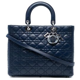 Dior Blu Grande Borsa in Pelle di Agnello Cannage Lady Dior