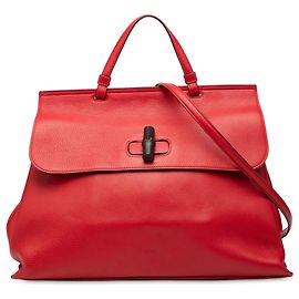 Bolso diario grande de cuero rojo con bambú Gucci