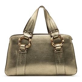 Borsa a mano in pelle di vitello metallica dorata Gucci con metallo e bambù