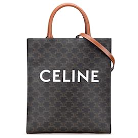 Borsa tote verticale piccola in tela rivestita Triomphe marrone di Celine - Céline