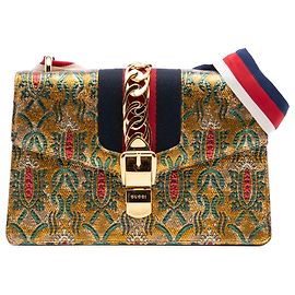 Borsa Satchel Gucci Sylvie Small in broccato di tela dorata con Web