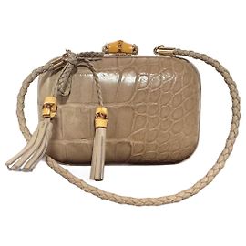 Clutch Gucci Broadway Bamboo Lock Taupe Pelle Coccodrillo