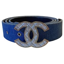 Cintura in denim blu Chanel Airlines 16P con fibbia in argento opaco e oro CC 90/36