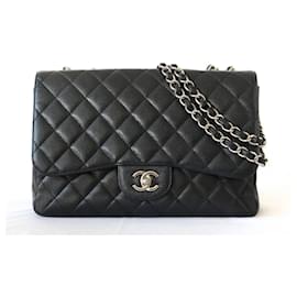 Chanel Classic Jumbo Single Flap schwarzes Kaviarleder Silber